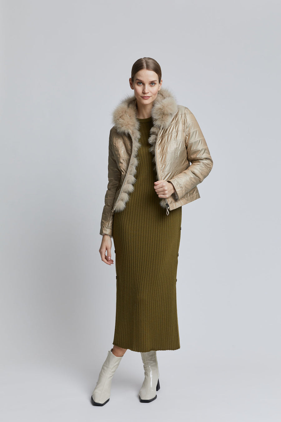 Tall lady modelling a reversible-fox-fur-jacket-
