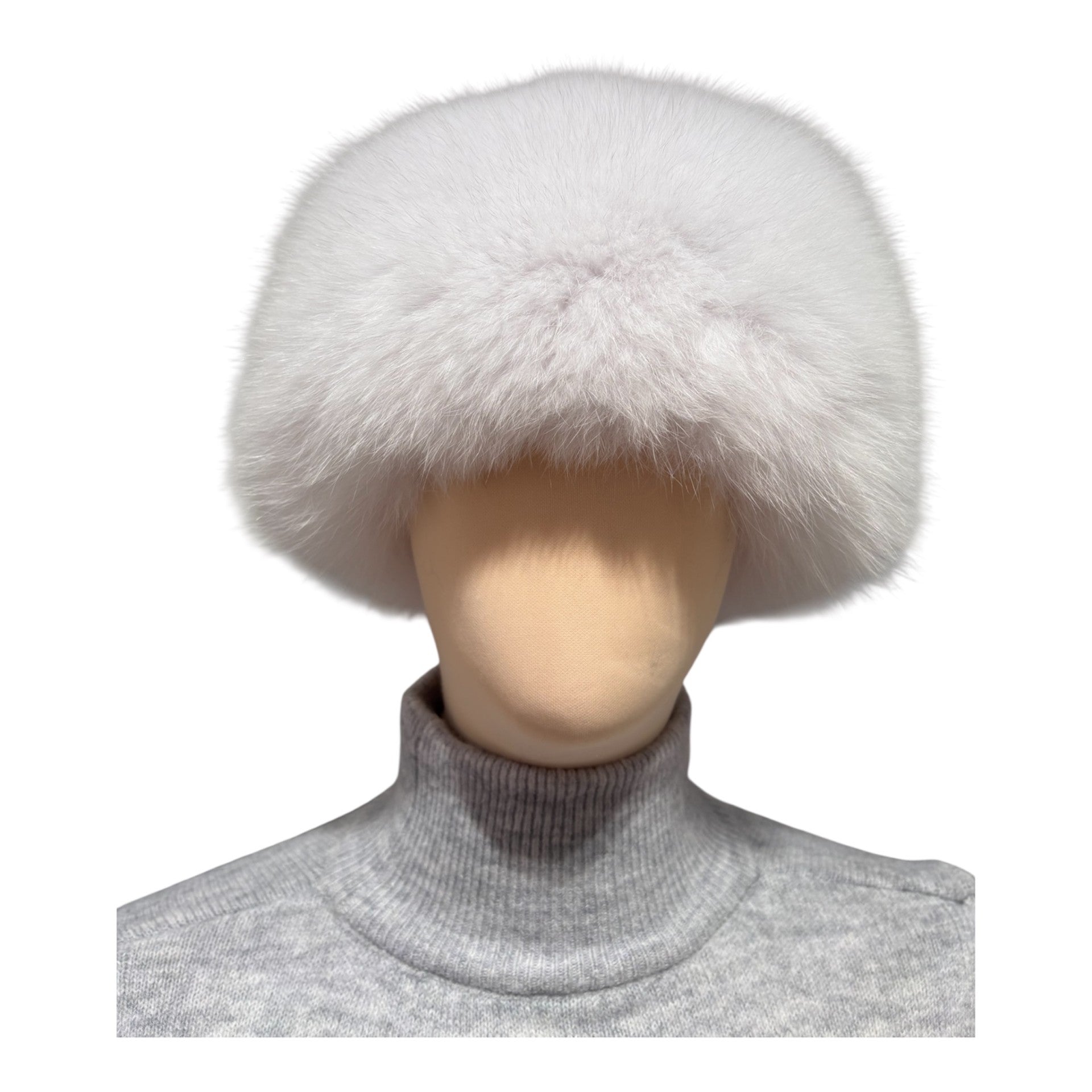 A white fox fur hat in pillbox style, made in Finland from Finnish shadow fox 