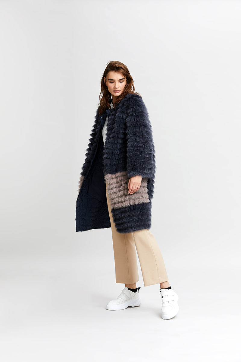 REVERSIBLE FUR COAT WITH COLOUR BLOCK POCKETS