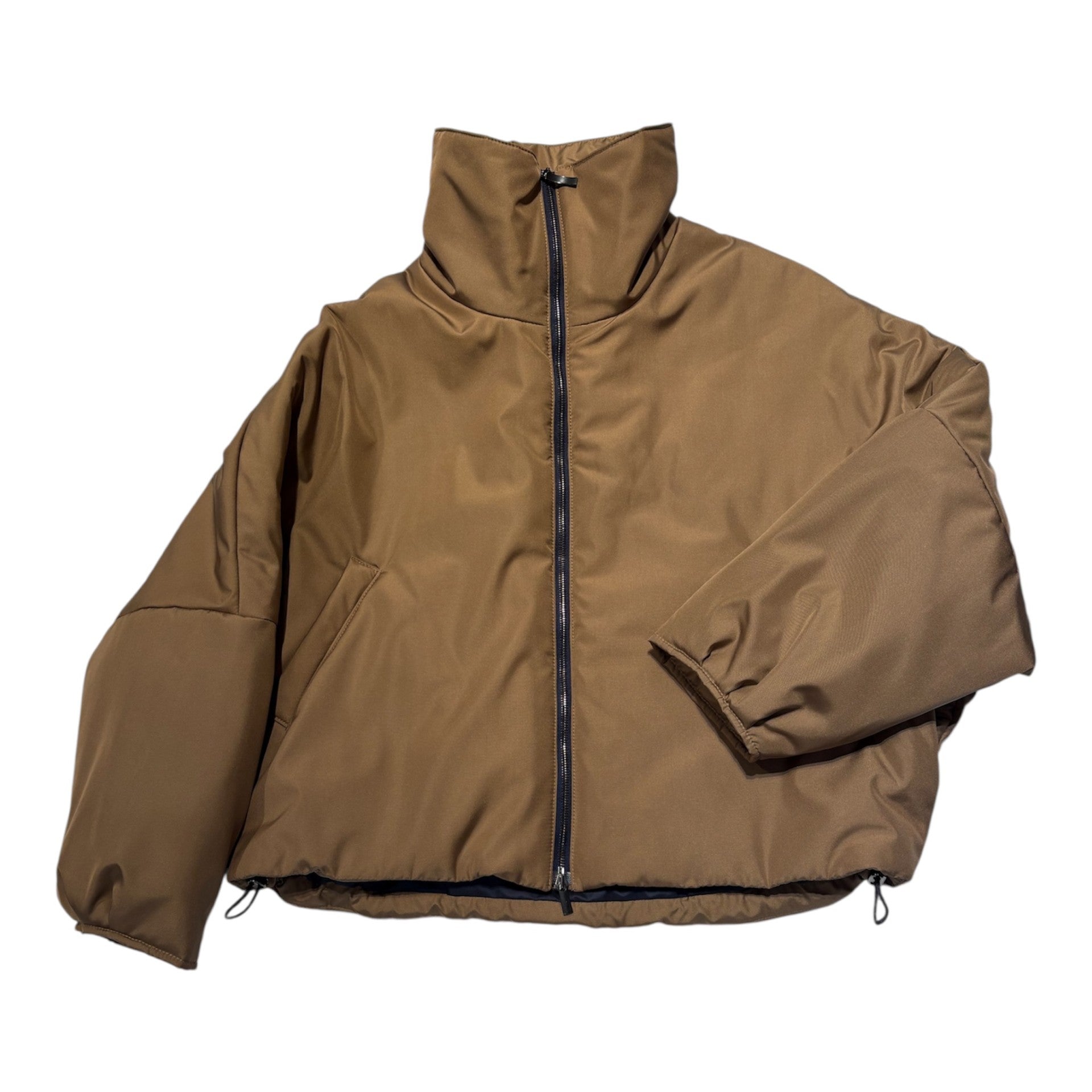 Funnel neck puffer jacket in dark beige or gold 