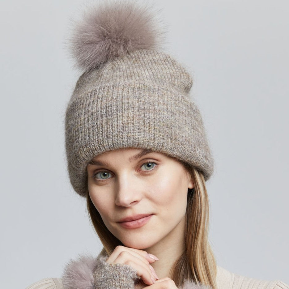 MOHAIR BEANIE WITH FUR POMPOM
