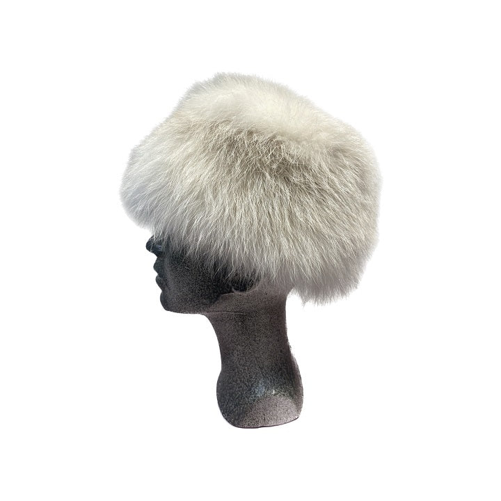 a white fox fur hat made from longhaired fox 