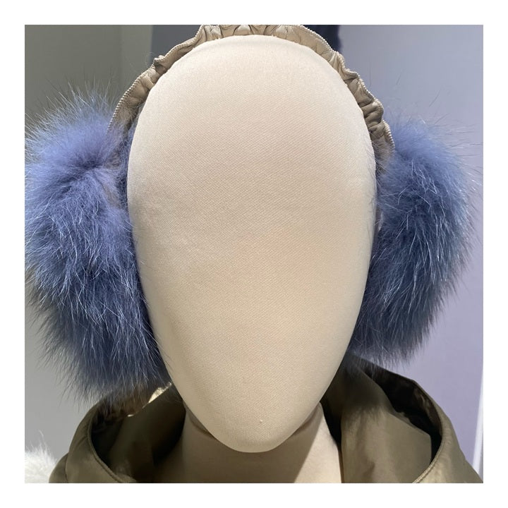 jeans color fox fur earmuffs made in Finland from Saga quality fur 