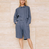 linen overall with knee-length shorts