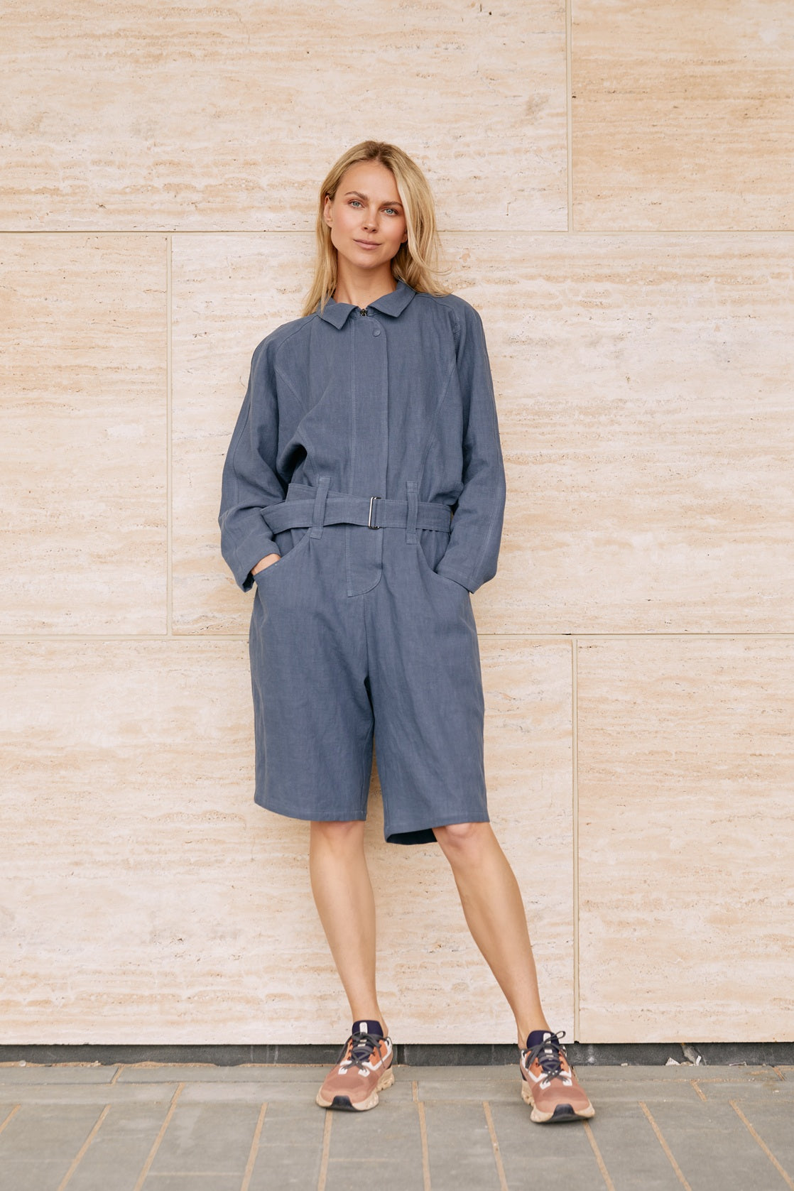 linen overall with knee-length shorts
