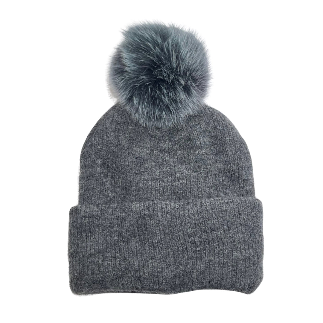 MOHAIR BEANIE WITH FUR POMPOM