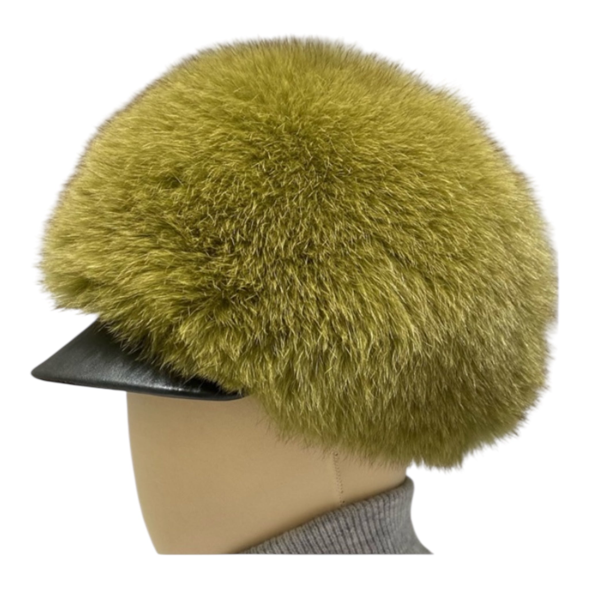 Green fox fur hat with leather brim 