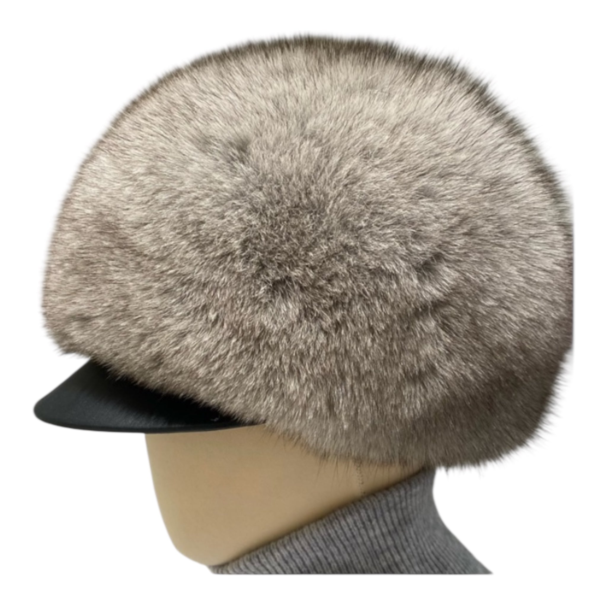 Fox fur hat, round model with leather brim in grey color 