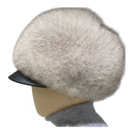Off-white fox fur round hat with leather brim 