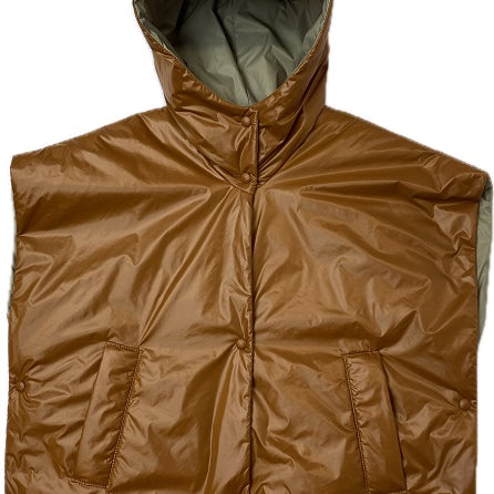 a short padded gilet with hood in orange color 