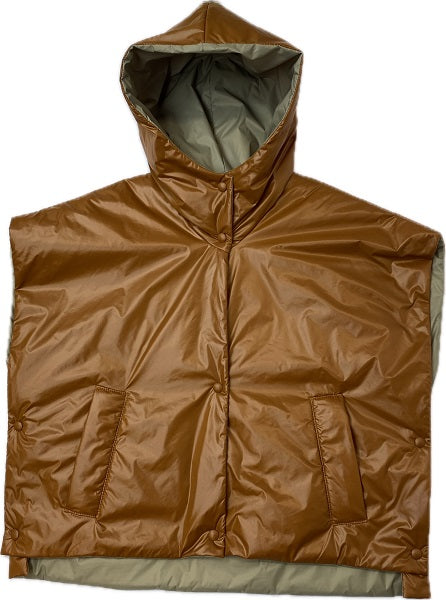 a short padded gilet with hood in orange color 