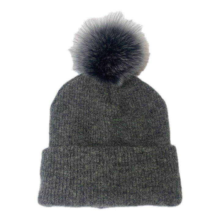 MOHAIR BEANIE WITH FUR POMPOM