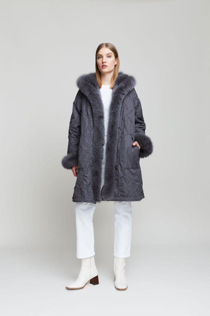 Gemmi traditional A-shaped reversible fox fur coat made from Saga quality fox fur