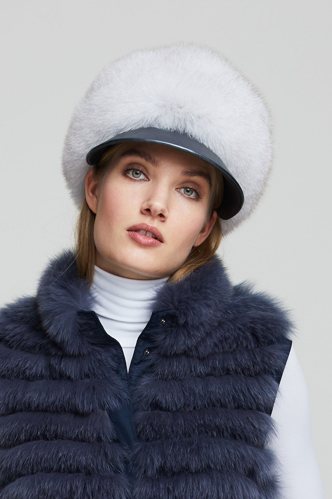 Fox fur hat with Small leather visor