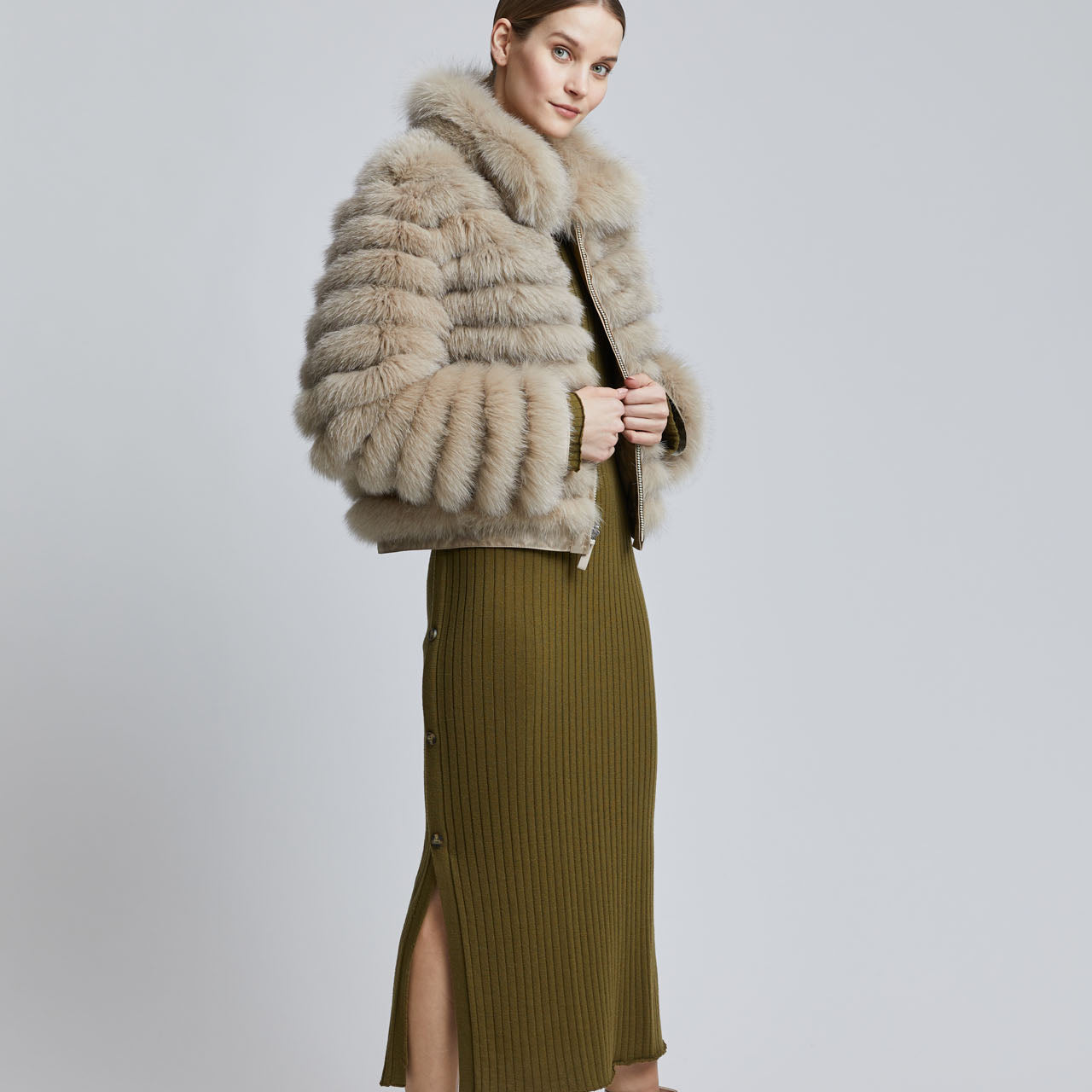 Lady-modelling-reversible-fox-fur-jacket