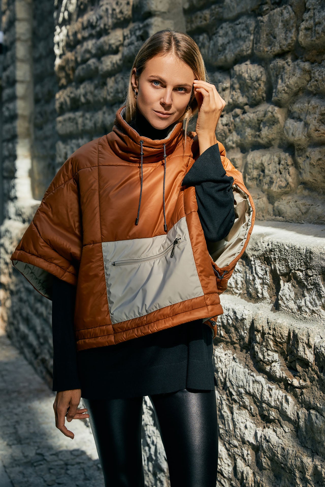 A ladies puffer with chimney collar