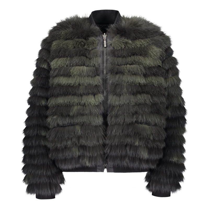 A green and black fox fur bomber jacket made in Finland  