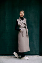 Maxi sleeveless coat or maxi vest, this new Gemmi garment in luxurious Finnish tweed fabric is the epitome of quiet luxury   