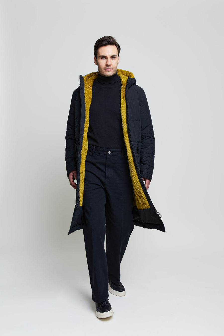 Men's extra long puffer coat with rabbit fur lining