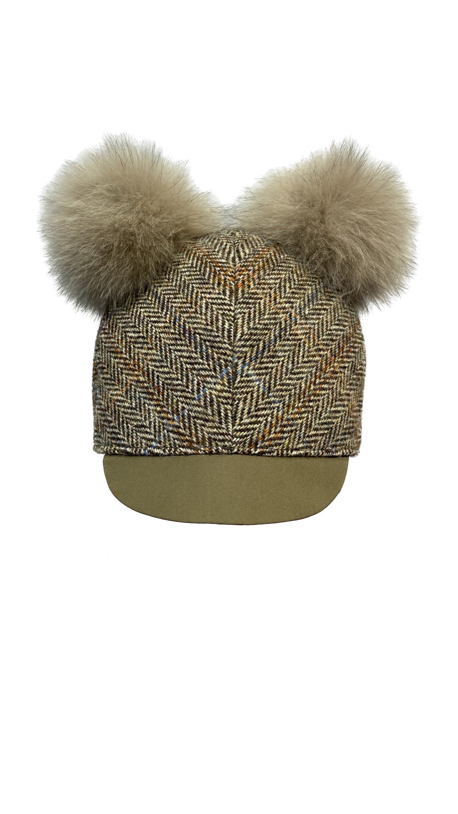 Aki Choklat designed  Harris tweed hat with fun fox fur pompoms