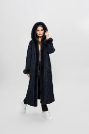 Extra long, light, reversible women's fur coat made from fox fur and light technical fabric