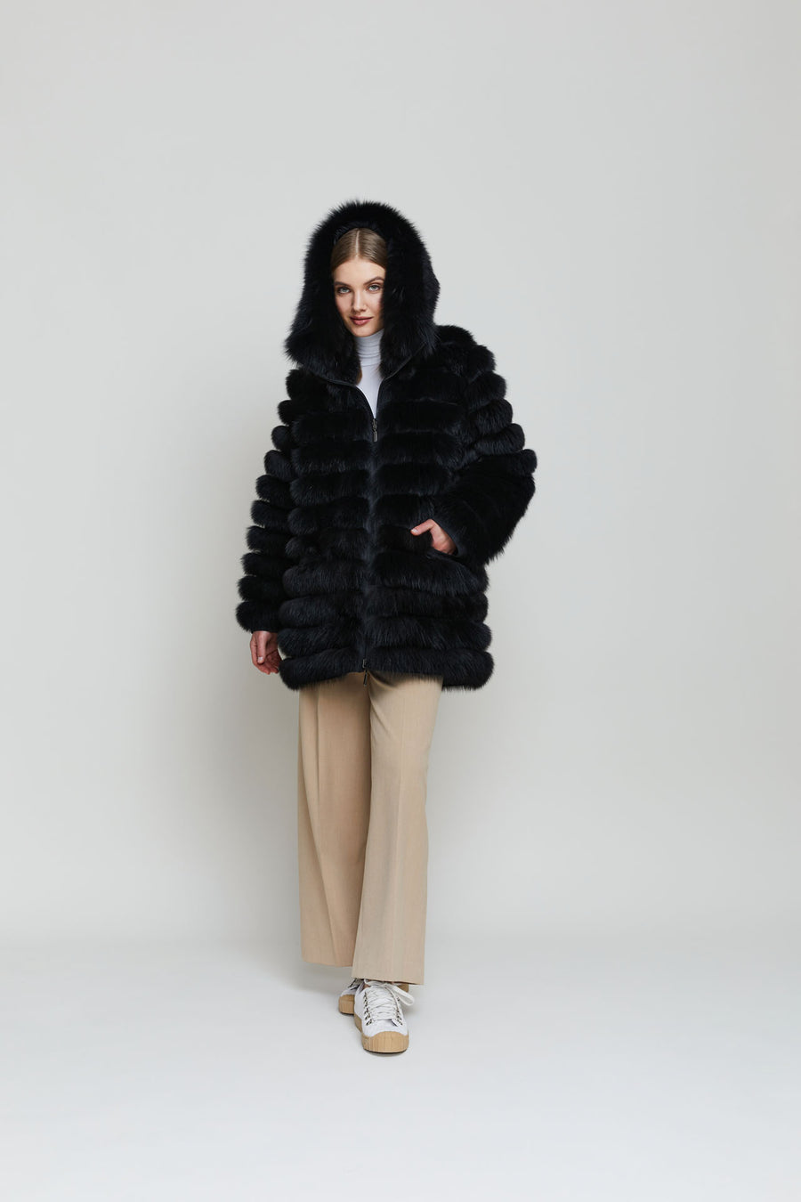Gemmi women's black fur coat made from Saga quality Finnish farmed fox fur sourced 