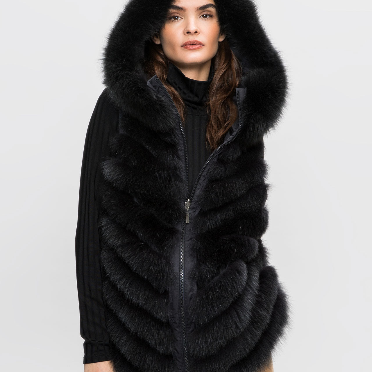 Gemmi women's black fur vest made from farmed fox fur from Finland 