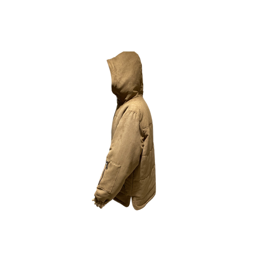 hooded coat has shirt-like cut and pockets with zippers